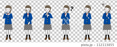 一組穿著制服、帶有負面形象表情的女學生的各種面部表情 112113855