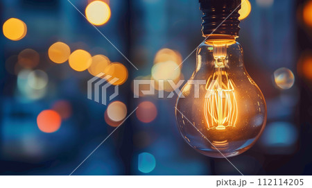 A glowing filament light bulb stands out against a backdrop of soft bokeh lights, symbolizing inspiration, innovation, and classic design. 112114205