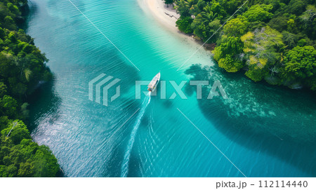 An aerial view of a lone boat sailing the tranquil turquoise waters near a lush green tropical island, embodying peaceful seclusion and natural beauty. 112114440