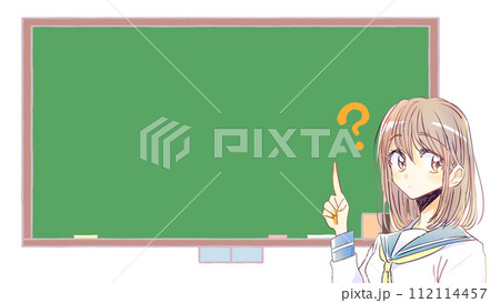 疑問がある指さしをした女子学生　黒板 112114457