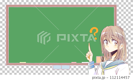 疑問がある指さしをした女子学生　黒板 112114457