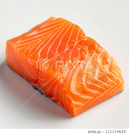 Close-up image of a fresh, sliced salmon fillet with visible marbling, ideal for culinary presentations. 112114628