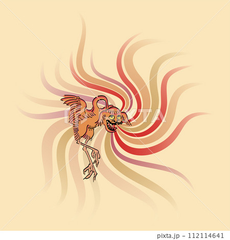 Furaribi, a small yokai and fire spirit in Japanese folklore, with bird body and dog-like face, and on fire, floating aimlessly, born from a lost soul that could not properly move on to the next life. Furaribi, a small yokai and fire spirit in Japanese folklore, with bird body and dog-like face, and on fire, floating aimlessly, born from a lost soul that could not properly move on to the next life. 112114641