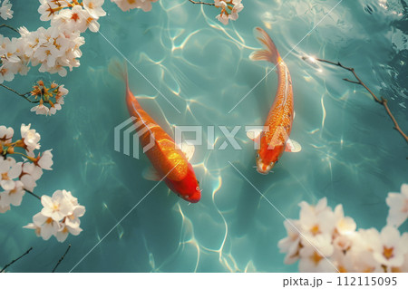 Koi fish swim artificial ponds with a beautiful background of blooming cherry tree 112115095