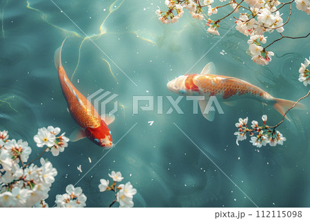 Koi fish swim artificial ponds with a beautiful background of blossoming sakura tree 112115098