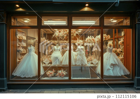 Shop window of a wedding dress shop. Storefront wedding dresses. 112115106