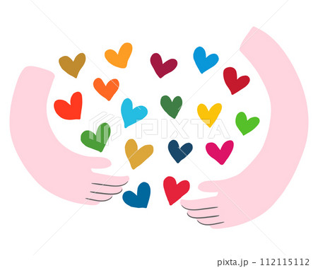 手でSDGsカラーのハートを包むイメージ、シンプルでおしゃれな手描きイラスト 112115112