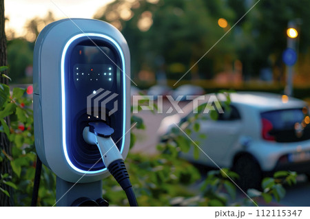 Public charging station for electric cars in a parking lot. 112115347