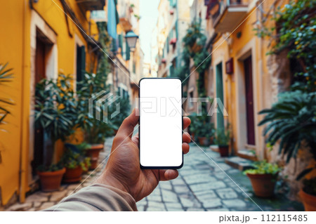 Hand holding phone mobile white blank screen. 112115485