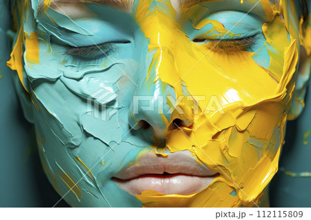 Abstract oil painting on female face.Thick oil paint texture applied with a brush. 112115809