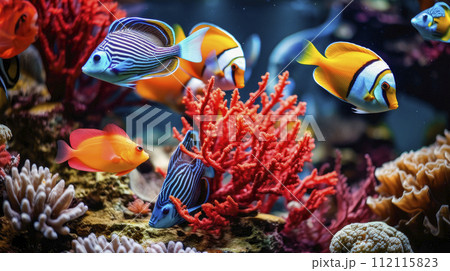 Tropical colorful fishes swimming in aquarium with plants. 112115823