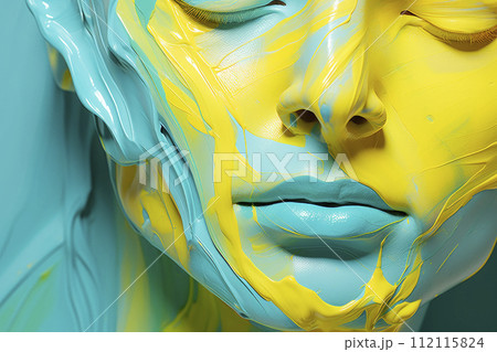 Abstract oil painting on female face, thick oil paint strokes, paint texture applied with a brush. 112115824