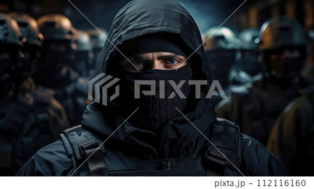 Skilled commandos squad, members hiding faces behind masks, standing in line behind commander. 112116160