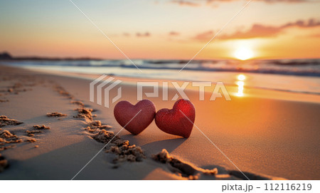 Romantic symbol of love - two hearts on the beach at sunset. 112116219