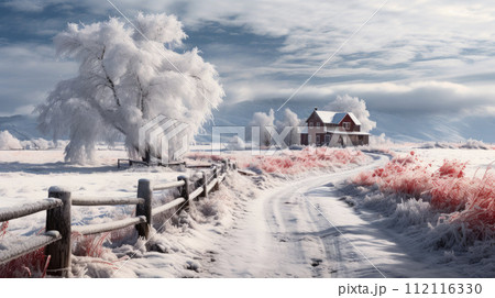 Winter landscape. Winter road leading up to an old house. 112116330