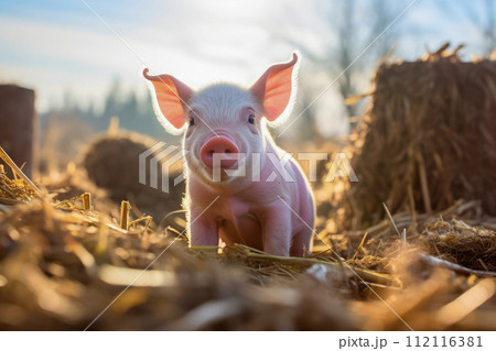 Piglet eating hay in a barn. Baby piglet on hay and straw at pig breeding farm. 112116381