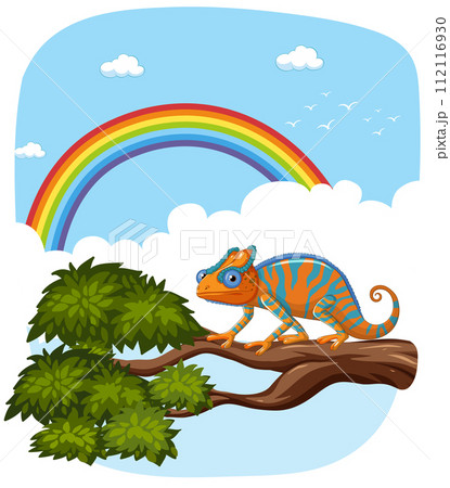 Colorful Chameleon on a Branch with Rainbow Colorful Chameleon on a Branch with Rainbow 112116930