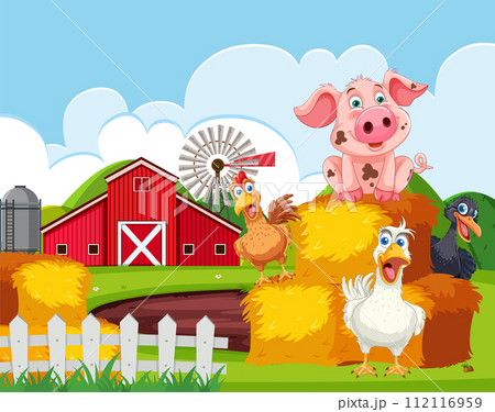 Happy Farm Animals and Rustic Barn Scene Happy Farm Animals and Rustic Barn Scene 112116959