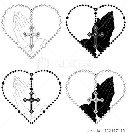 Praying hands with heart shaped rosary 112117136