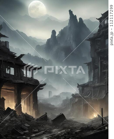 霧の立ち込めるアジア風の廃墟の街と遠くの山々4 ai生成画像 霧の立ち込めるアジア風の廃墟の街と遠くの山々4 ai生成画像 112117299