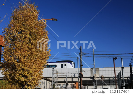 高架になった中央線を下って行く特急あずさの電車 112117404