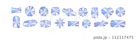 Retro Y2K sticker blending holo geometric shapes, gradient. Flat vector illustration isolated on white background. 112117475
