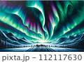 北極でオーロラを眺める人々 112117630