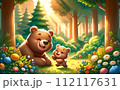 森で遊ぶ親子のクマ。 112117631