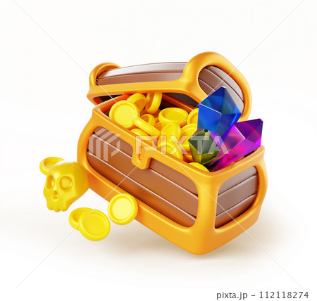 Game open pirate treasure chest with gold coin, gem stones and skull 3d icon. Ancient wooden trunk box with heap of money and diamonds. Trophy, level reward, cartoon element ui asset. 3D illustration Game open pirate treasure chest with gold coin, gem stones and skull 3d icon. Ancient wooden trunk box with heap of money and diamonds. Trophy, level reward, cartoon element ui asset. 3D illustration 112118274