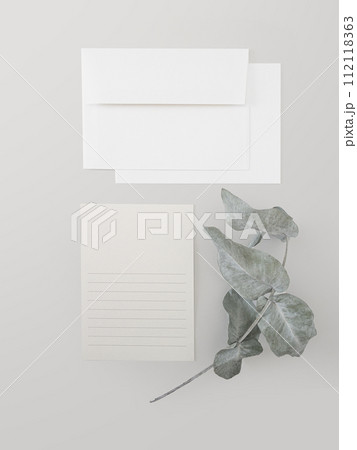 Top view white envelope with postcard and eucalyptus branch on light gray. Top view white envelope with postcard and eucalyptus branch on light gray. 112118363