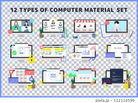 Illustration material set of various computer and browser screens 112118590