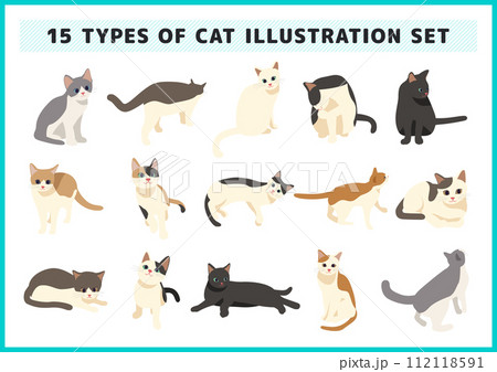 さまざまなポーズをした猫のイラスト素材セット さまざまなポーズをした猫のイラスト素材セット 112118591