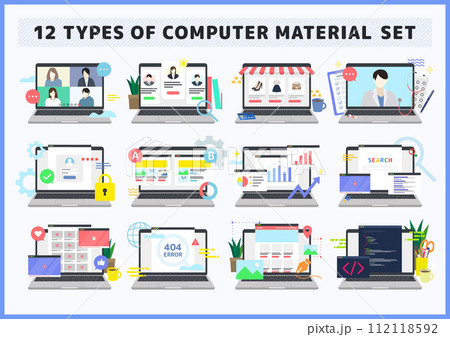 さまざまなノートパソコン、ブラウザ画面のイラスト素材セット 112118592