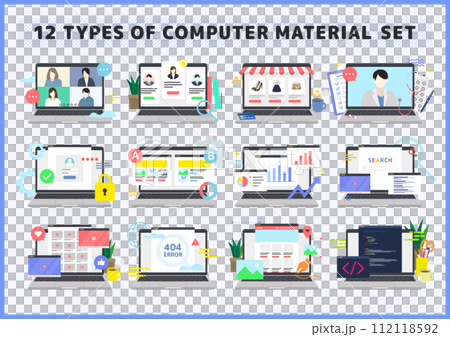 Illustration material set of various laptop and browser screens 112118592