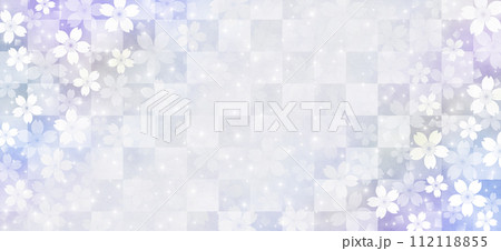 和風の輝く桜の花と市松模様の背景、紫系、夜桜用等へ 和風の輝く桜の花と市松模様の背景、紫系、夜桜用等へ 112118855