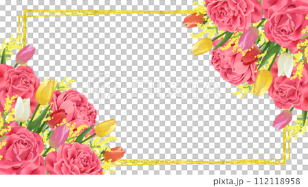 Bouquet of roses, tulips, and mimosa gold foil frame background 16:9 112118958