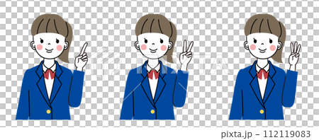 指で1から3の数字を出している女子高生の上半身イラスト　セット 112119083