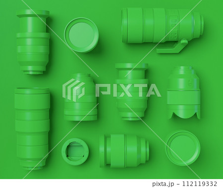 Top view of designer workspace and photography gear on monochrome table 112119332