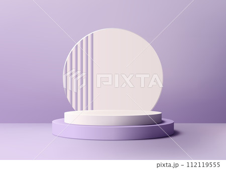 3D white podium mockup. A soft purple backdrop and geometric circle design 112119555