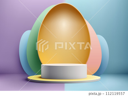 Showcase your Easter products with colorful 3D podium scene. Featuring Easter eggs, spring colors, and a geometric stage 112119557