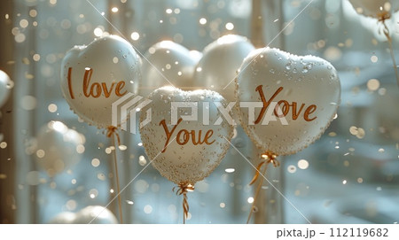 Expressive love: a charming greeting card adorned with heart-shaped balloons and the heartfelt text i love you, a perfect token for a loved one, celebrating affection and romance on Valentine's Day. 112119682