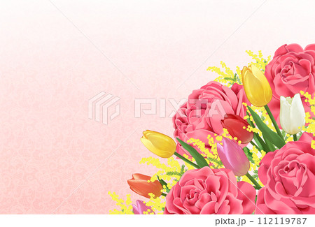 薔薇とチューリップとミモザの花束 レース模様の背景 薔薇とチューリップとミモザの花束 レース模様の背景 112119787