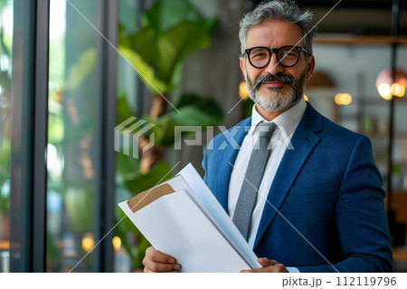AI-generated content. Busy middle aged executive manager holding document 112119796