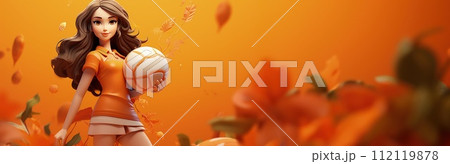 Cartoon character in style, banner copy space background, Cute animated figure standing with a ball playing a sports game volleyball Cartoon character in style, banner copy space background, Cute animated figure standing with a ball playing a sports game volleyball 112119878