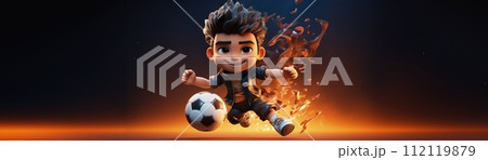 Cartoon character in style, banner copy space background, Cute animated figure standing with a ball playing a sports game soccer football . Cartoon character in style, banner copy space background, Cute animated figure standing with a ball playing a sports game soccer football . 112119879