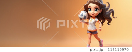 Cartoon character in style, banner copy space background, Cute animated figure standing with a ball playing a sports game volleyball 112119970