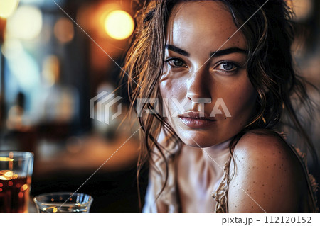 Young woman with a dreamy gaze beside a half-full glass of whiskey, dim bar lighting blurred in the background 112120152