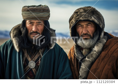 Tatar Mongols: nomadic warriors and conquerors, cultural legacy, military prowess, Eurasian steppes strength, traditional attire, resilience and the spirit of the historic nomadic lifestyle. 112120384