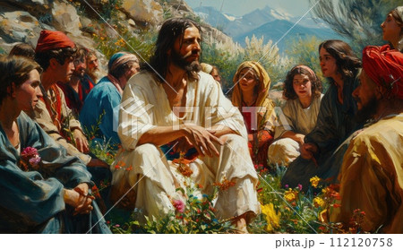 In serene tableau, Jesus Christ and disciples gather, radiating divine harmony. Scene captures essence of spiritual teachings and the sacred camaraderie among these central figures of Christian faith. In serene tableau, Jesus Christ and disciples gather, radiating divine harmony. Scene captures essence of spiritual teachings and the sacred camaraderie among these central figures of Christian faith. 112120758