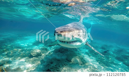 Menacing beauty: underwater world with the shark predator, a captivating glimpse into the fierce, powerful, and mysterious realm of marine life, where danger and elegance coexist 112120785